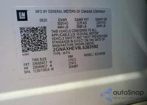 2020 Chevrolet Equinox Ls из США, поврежденный, VIN 2GNAXHEV8L6283592